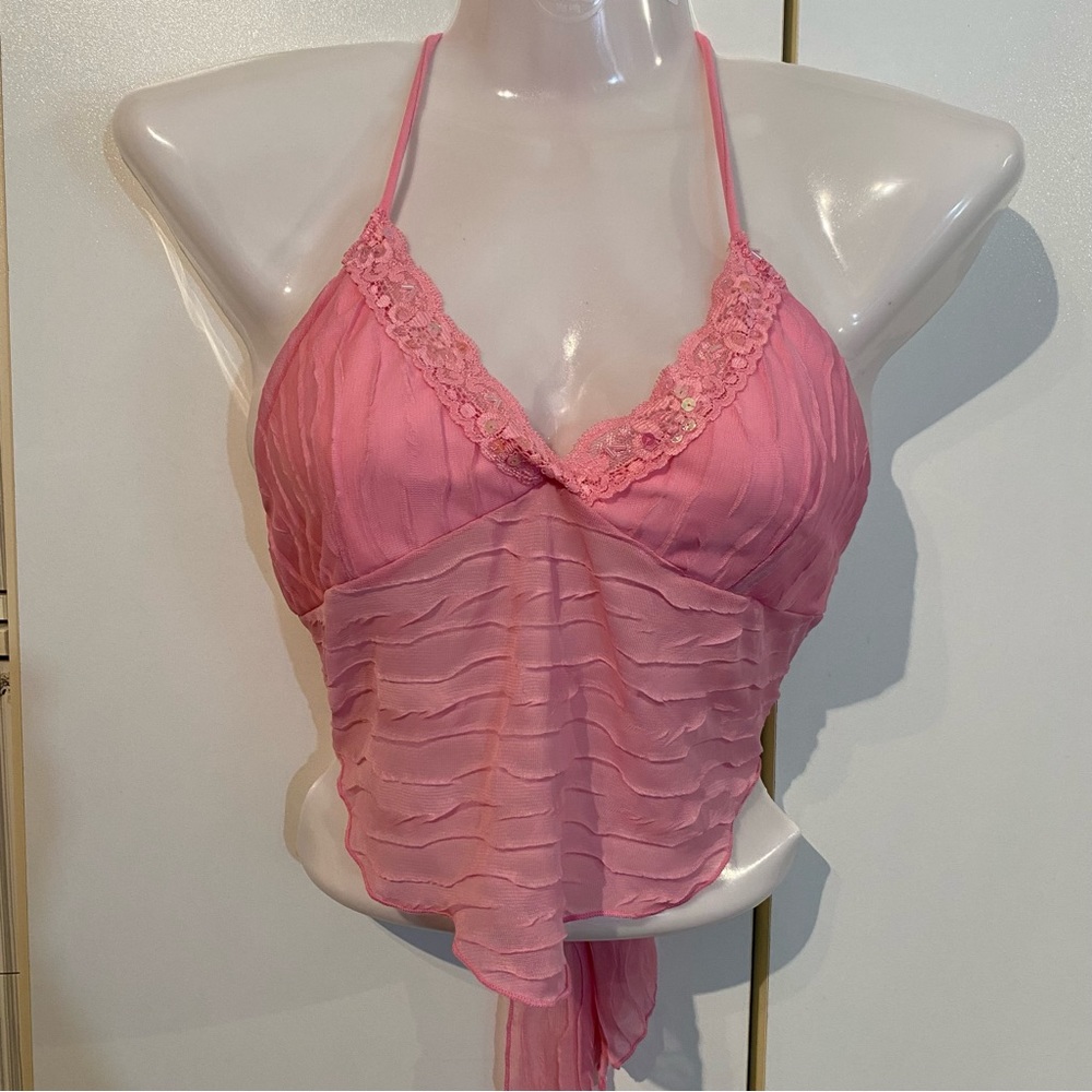 Deco USA Pink Sequin Sheer Crop Halter Top Size M NWOT